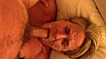 Mature woman gets massive facial, swallows cum, orgasms