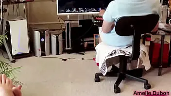 Girlfriend Masturbate Sex Toy Behind Guy Playing Computer